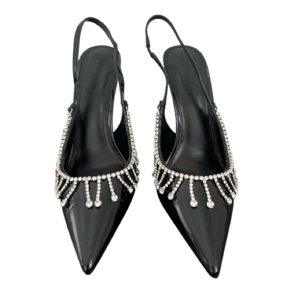 Steve Madden Shoes - Steve Madden Black Patent Slingback Heels Rhinestone Fringe Pointed Toe Size 10